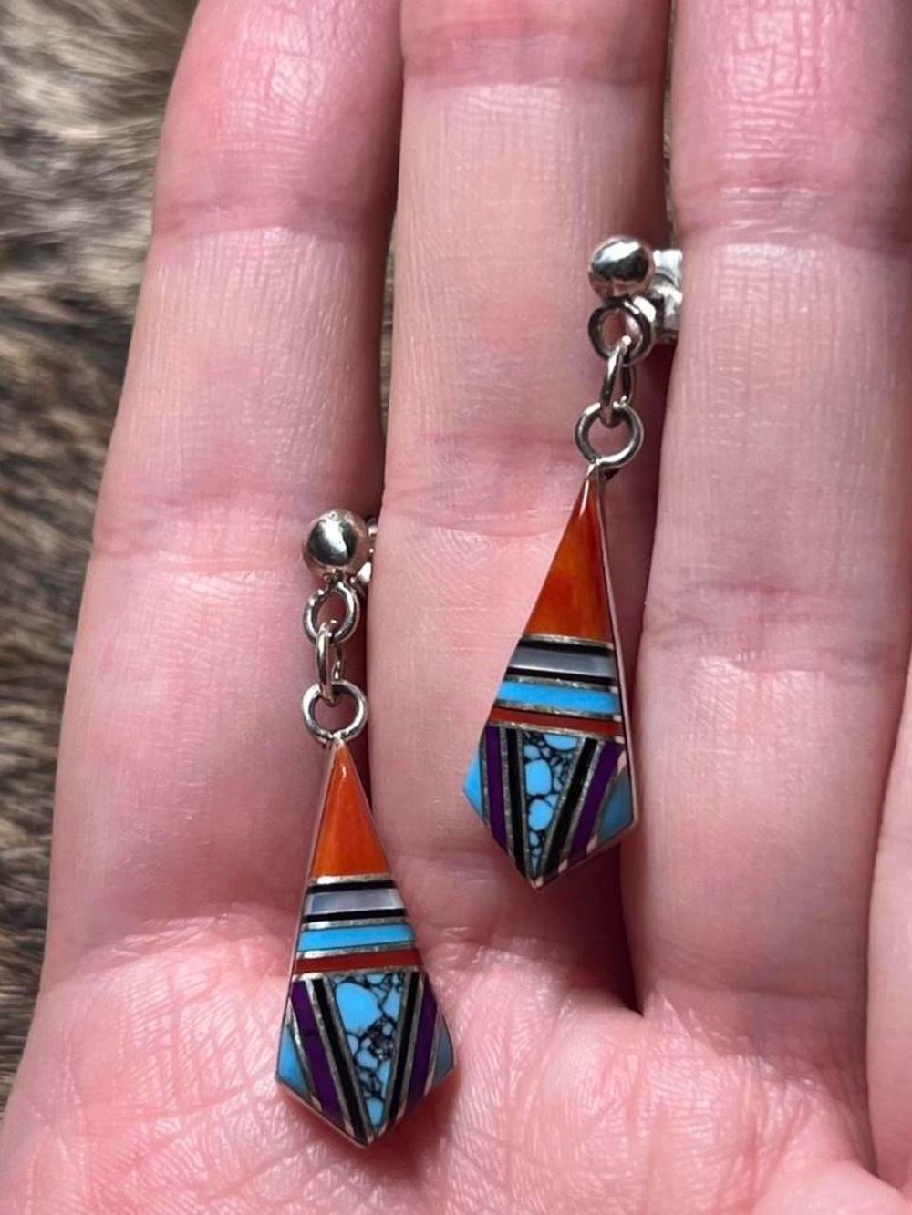 Sterling silver Native American stone inlay drop earrings